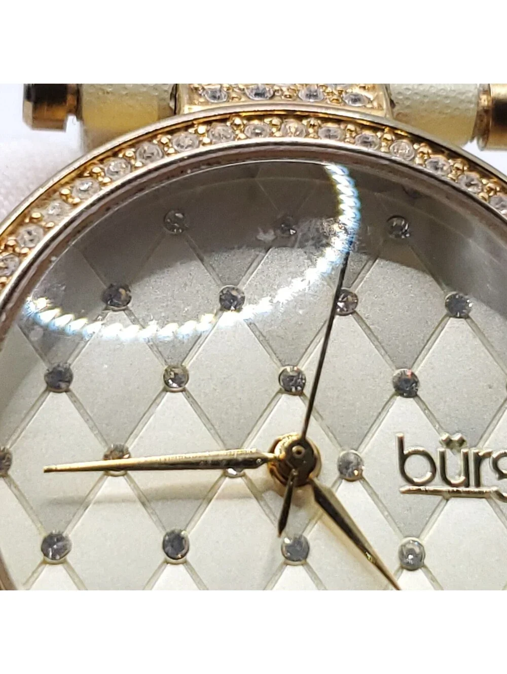Burgi Quartz Womens Watch 31mm Gold Tone Rhinestone Bezel New Battery